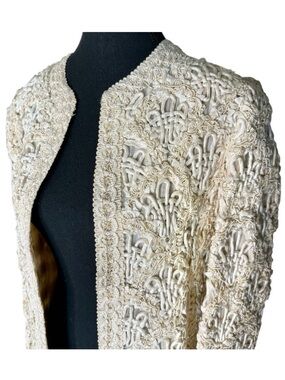 Vintage Couture Embroidered Woven Cord Rosettes Ivory Cream Blazer Jacket *Flaw